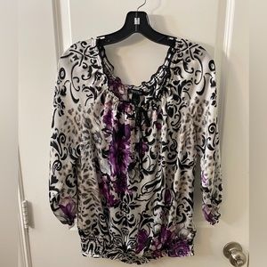 White House Black Market, Large, Purple, black & white floral blouse